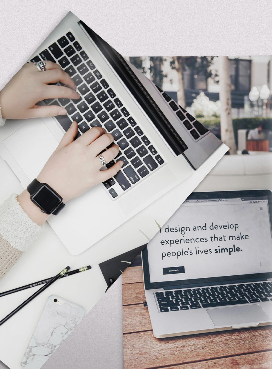 Collage of laptops, hands typing, and design inspiration